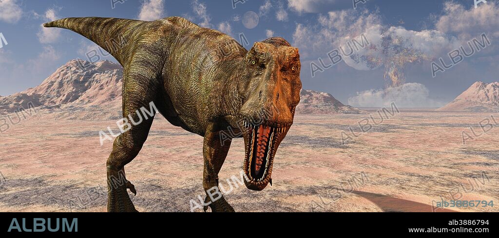 An asteroid hitting the Earth, marking the end of Tyrannosaurus rex and all other dinosaurs of the Late Cretaceous period.