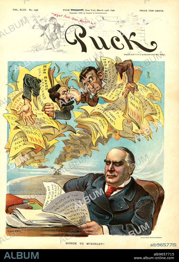 "Honor to McKinley", Political Cartoon Featuring U.S. President William McKinley and Editors of Yellow Journalism Newspapers Joseph Pulitzer and William Randolph Hearst, Puck Magazine, Artwork by Udo J. Keppler, Lithograph by J. Ottmann Lith. Co., Published by Keppler & Schwartzmann, March 23, 1898.
