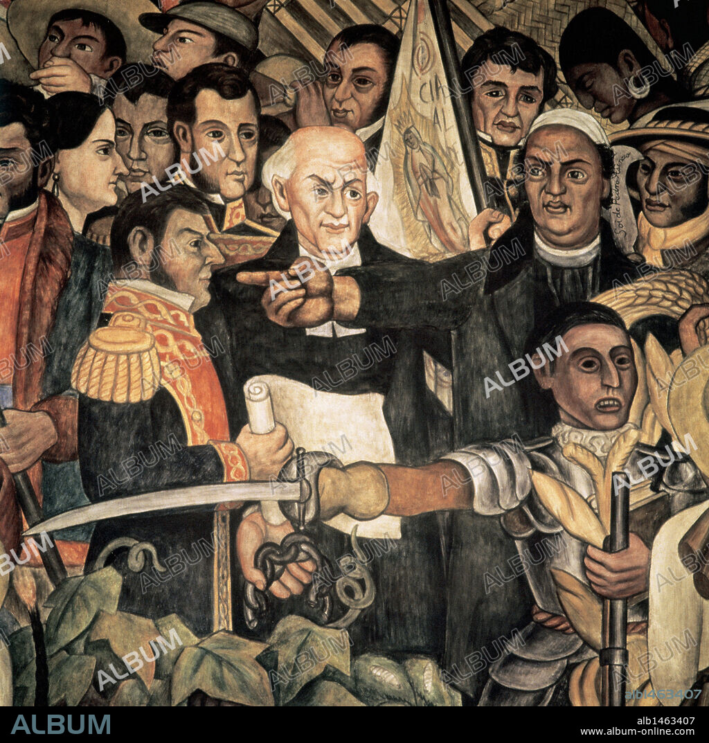 Independence of Mexico (1810-1824). Miguel Hidalgo Costilla (1753-1811) and Jose Mari_a Morelos (1765-1815), Mexican priests and patriots, struggling for independence of Mexico. Mural by Diego Rivera (1886-1957). Detail. National Palace. Mexico city. Mexico.