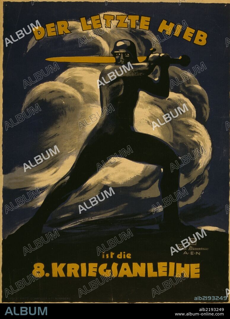 An idealized image of a soldier swinging a large sword.