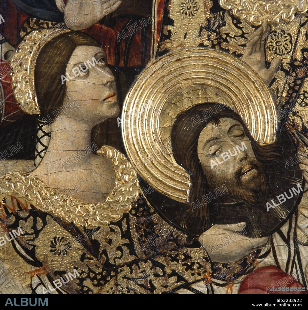 PEDRO GARCÍA DE BENAVARRE. Retablo dedicado a sant Joan Baptista, hacia 1470. Detalle Banquete de Herodes. Salomé con la cabeza de san juan bautista.  Temple, relieves de estuco y dorado con pan de oro sobre tabla. 197,5 x 125,7 x 6,4 cm. Procede de la iglesia parroquial de Sant Joan del Mercat de Lleida. Museu Nacional d'Art de Catalunya, Barcelona.