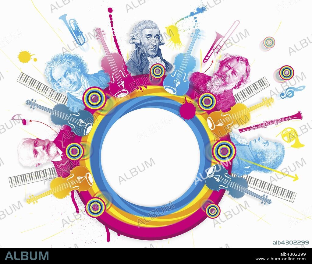Multicolored collage of classical music composers.