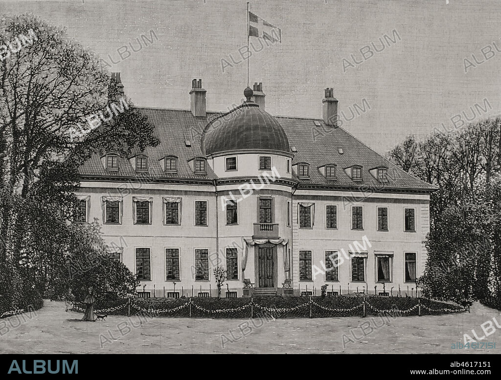 Dinamarca. Gentofte. Palacio Bernstorff, residencia real de verano donde falleció la reina Luisa (1817-1898). Edificio neoclásico cuya construcción terminó en 1765. Grabado por Matute. La Ilustración Española y Americana, 1898.