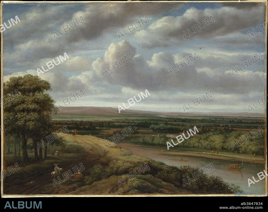 An Extensive Wooded Landscape. Artist: Philips Koninck (Dutch, Amsterdam 1619-1688 Amsterdam). Dimensions: 32 3/4 x 44 5/8 in. (83.2 x 113.3 cm). Date: 1670s.
The topography in this late work by Koninck was probably inspired by the easterm Dutch province of Gelderland but is nonetheless imaginary. Dutch landscapists usually made up their views in the studio, often using drawings from nature for particular motifs. A river landscape of 1676 in the Rijksmuseum, Amsterdam, is very similar in composition, and features the same elegant hunting boat, a <i>jacht</i> (yacht), to the right.