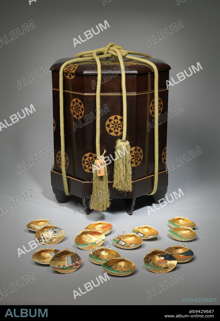 Shell-matching game, 19th century, Unknown Japanese, 1 × 3 1/4 × 2 1/2 in. (2.54 × 8.26 × 6.35 cm) (each shell, approx.), Gold, color, and shell white pigment on paper on oyster shells, Japan, 19th century, These hand-painted seashells are parts of the popular game known as kai-awase, or the 'shell-matching game.' Pairs of shells are decorated on their insides with the same scene from the Tale of Genji As in Memory and other matching games, the point was to try to match shells with similar scenes. Players could enjoy the fun of the game itself, and were also entertained by the images that reminded them of the Tales twists and turns or of a famous poem recited by one of the characters.
