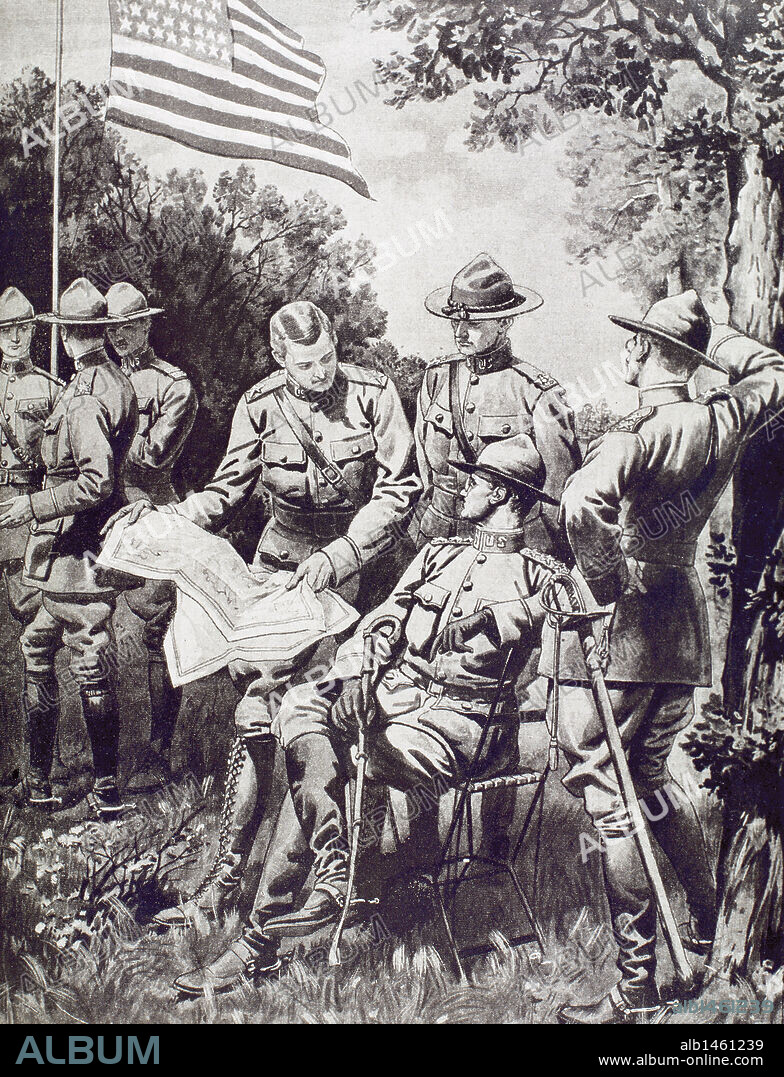 EUGENE DAMBLANS. I GUERRA MUNDIAL (1914-1918). En el año 1917 EE. UU. entró en el conflicto al declarar el 2 de abril, la guerra a los imperios centrales. OFICIALES AMERICANOS EN CAMPAÑA. Grabado de la época.
