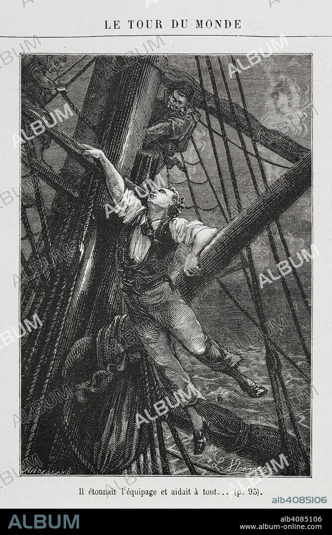JULES VERNE. Passepartout climbing the mast of a ship. Illustration to the novel, 'Around the World in Eighty Days'. [Le Tour du Monde en quatre-vingts jours. [A novel.] (HuitieÌ€me eÌdition.)] [Around the World in 80 Days]. Paris, [1873]. Source: 12514.l.18 page 96. Language: French.