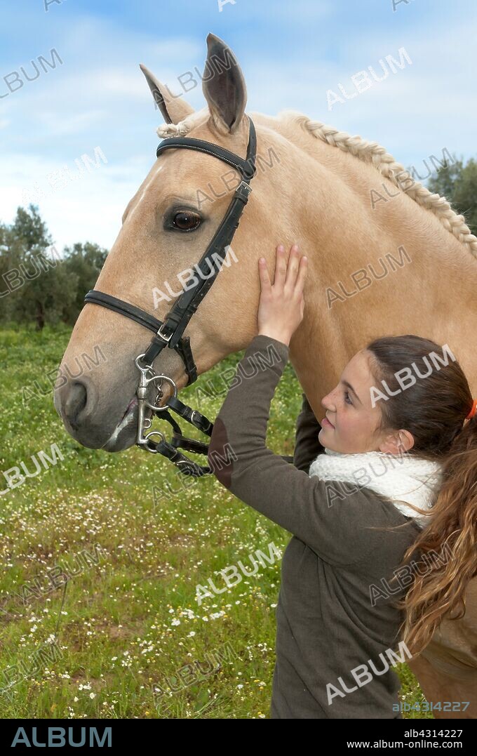 Equestrian Center "El Acebuche" - girl petting a horse, Bollullos de la Mitacion, Seville-province, Region of Andalusia, Spain, Europe.