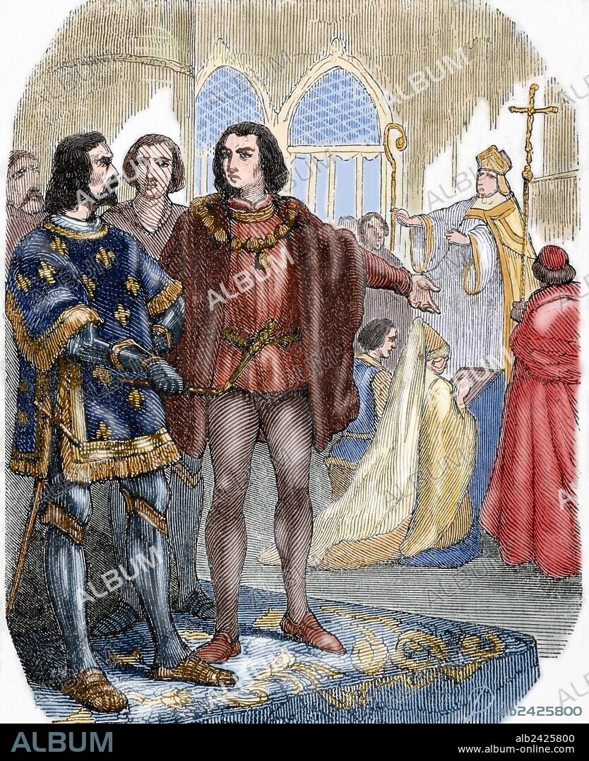 Louis XI (1423-1483). King of France. Marriage of Louis XI by his first wife Margaret of Scotland (1424-1445). Engraving. Colored.