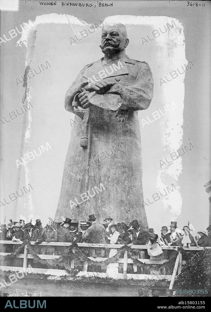 Wooden Hindenburg, Berlin, Photograph shows a wooden statue of Field Marshall von Hindenberg, commonly known as the Iron Hindenberg, which was erected near the Victory Column in Berlin, Germany. Statue was created during World War I and unveiled on September 4, 1915., 1915 Sept. 4, Glass negatives, 1 negative: glass.