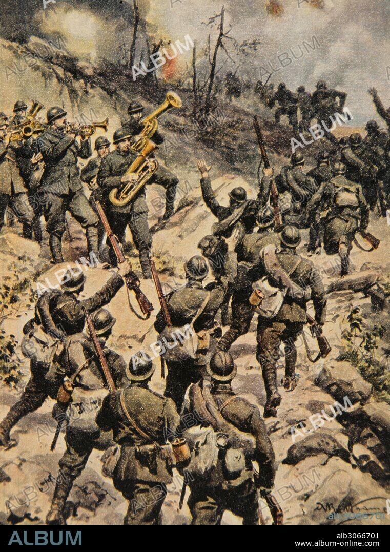World War I (1914-1918). Victorious advance of the Italians. Drawing by Achille Beltrame (1871-1945). La Domenica del Corriere, 1917. Color.