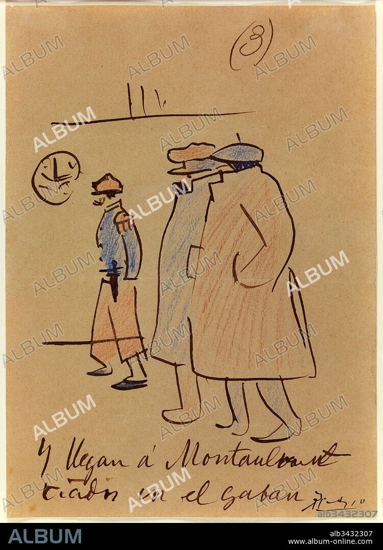 Pablo Picasso / "Picasso and Junyer i Vidal arrive in Montauban", 1904, Drawing on paper (ink, pen, colored pencils), 22 x 16 cm, MPB 70805.