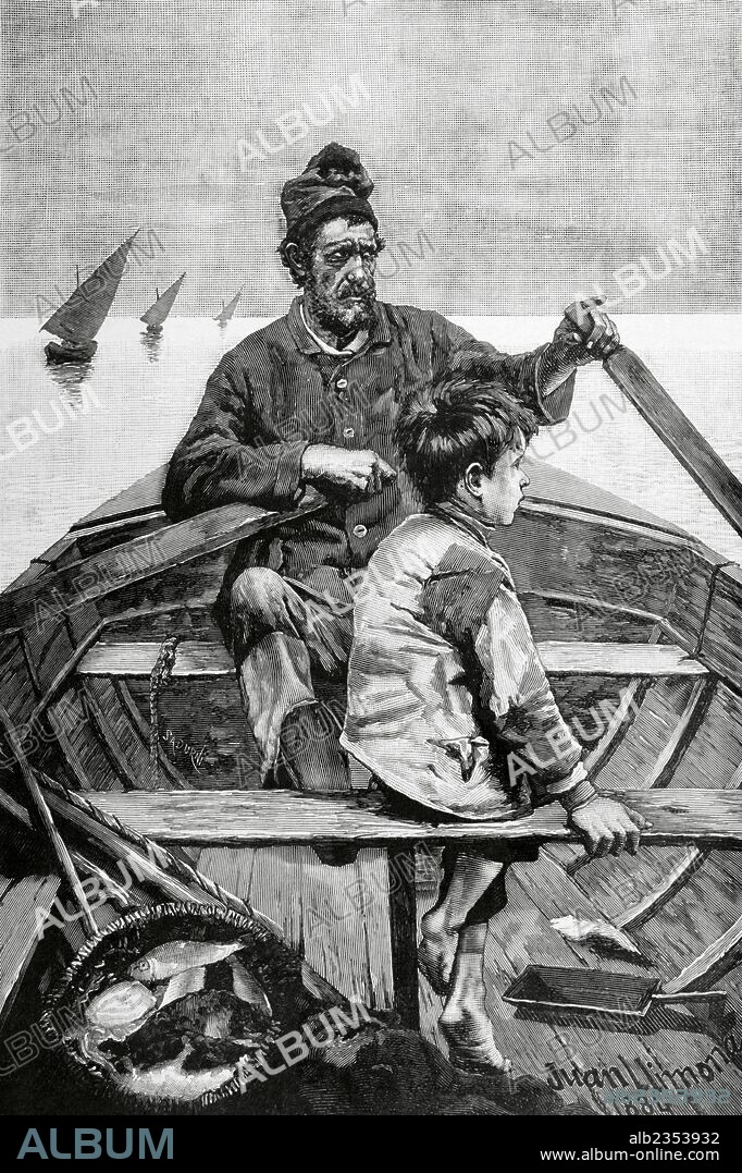 Joan Llimona i Bruguera (1860-1926). Pintor español. Grabado por Sadurní a partir de una pintura titulada "Primeras Nociones", de Joan LLimona. "La Ilustración", 1885.