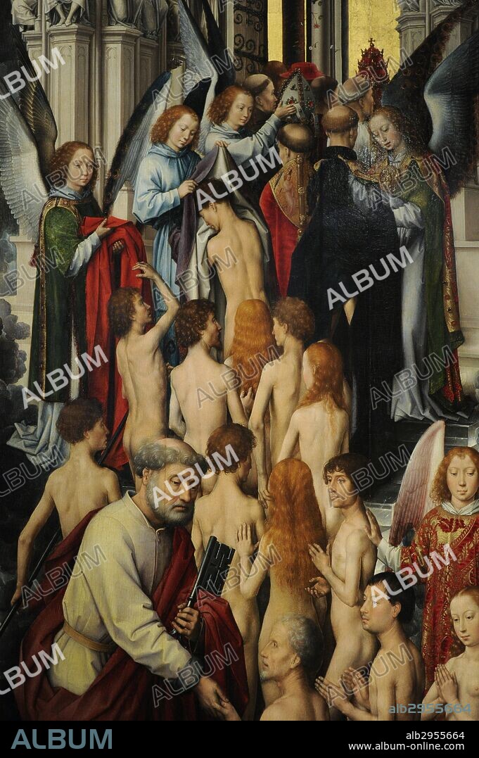 The Last Judgment, late 1460. Triptych by painter Hans Memling(1430-1494). Left panel: The saved are being guided into heaven by St Peter and angels. National Museum. Gdansk. Poland.