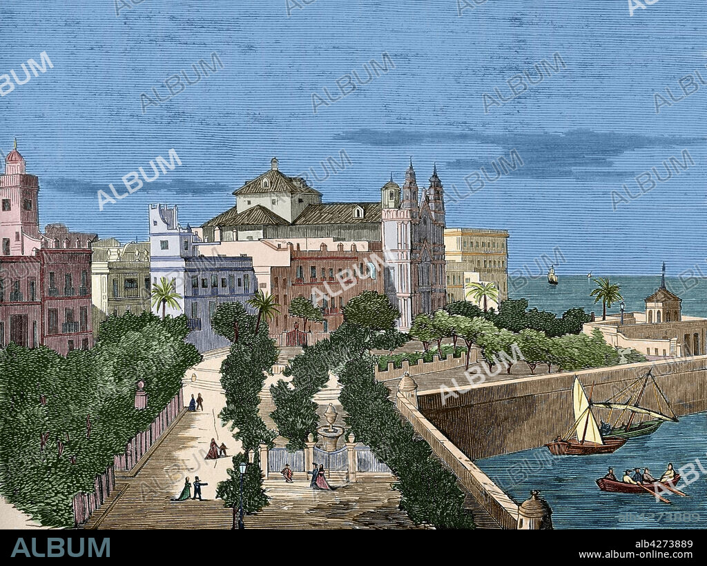 España. Andalucia. Cádiz. Vista del Paseo de la Alameda del Marqués de Comillas y de la Iglesia del Carmen, en estilo barroco. Grabado coloreado. Crónica General de España, Historia Ilustrada y Descriptiva de sus Provincias. Andalucía, 1867.