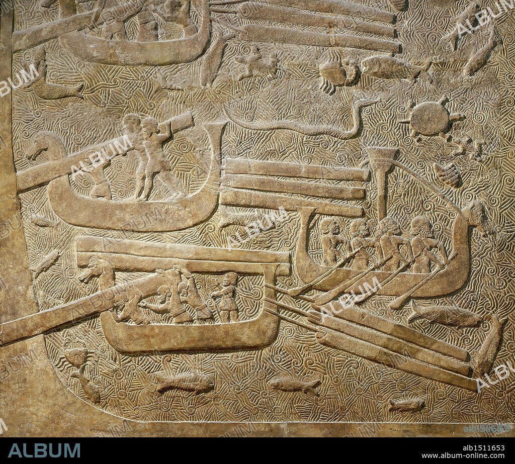 Assyrian civilization, 8th century b.C. Relief depicting workers unloading cedar wood from boats. From the Palace of Sargon at Dur Sharrukin (Khorsabad, Iraq). Detail.