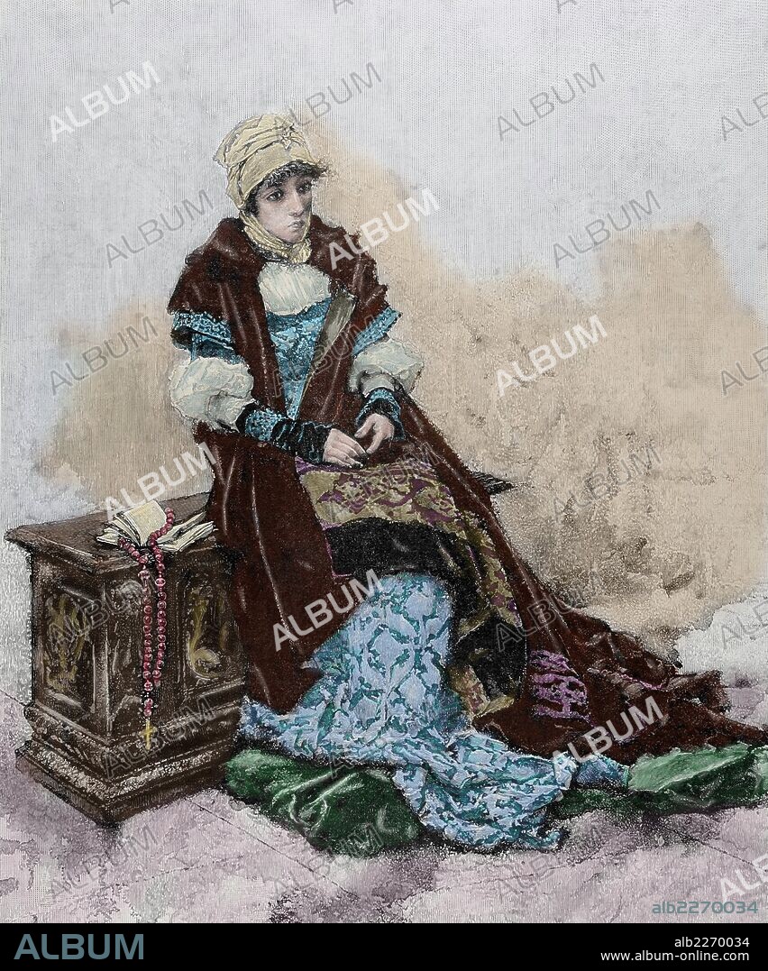 Joanna of Castile (1479-1555), know as Joanna the Mad. Queen in her own right of the Castille from 1504 and of Aragon from 1516. Engraving by M. Weber. "La Ilustracion Artistica", 1886. Colored.