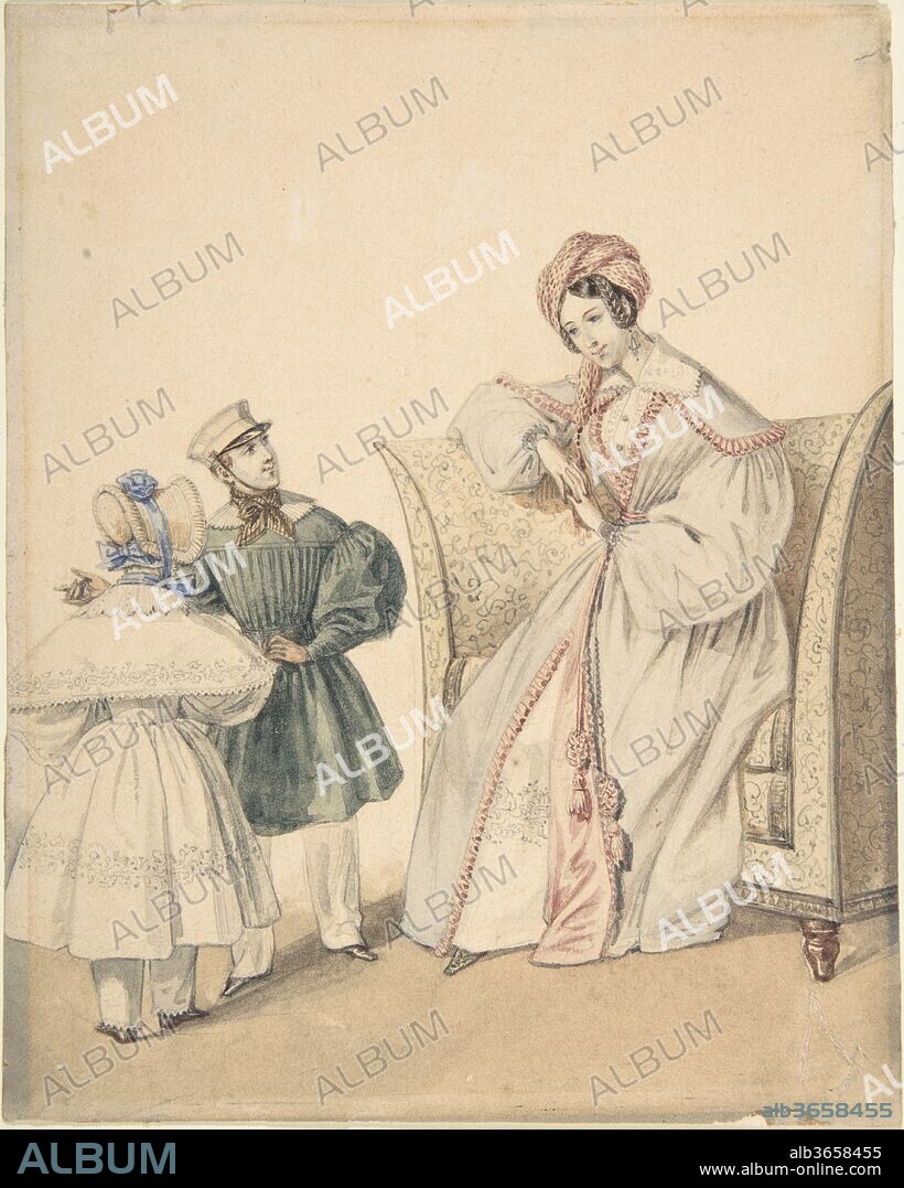Fashion Drawing with a Woman Seated in a Chair with a Boy and Girl. Artist: Pierre-Numa Bassaget, called Numa (French, active 1830-54). Dimensions: 6 5/8 x 5 1/4 in.  (16.8 x 13.3 cm). Date: 19th century.