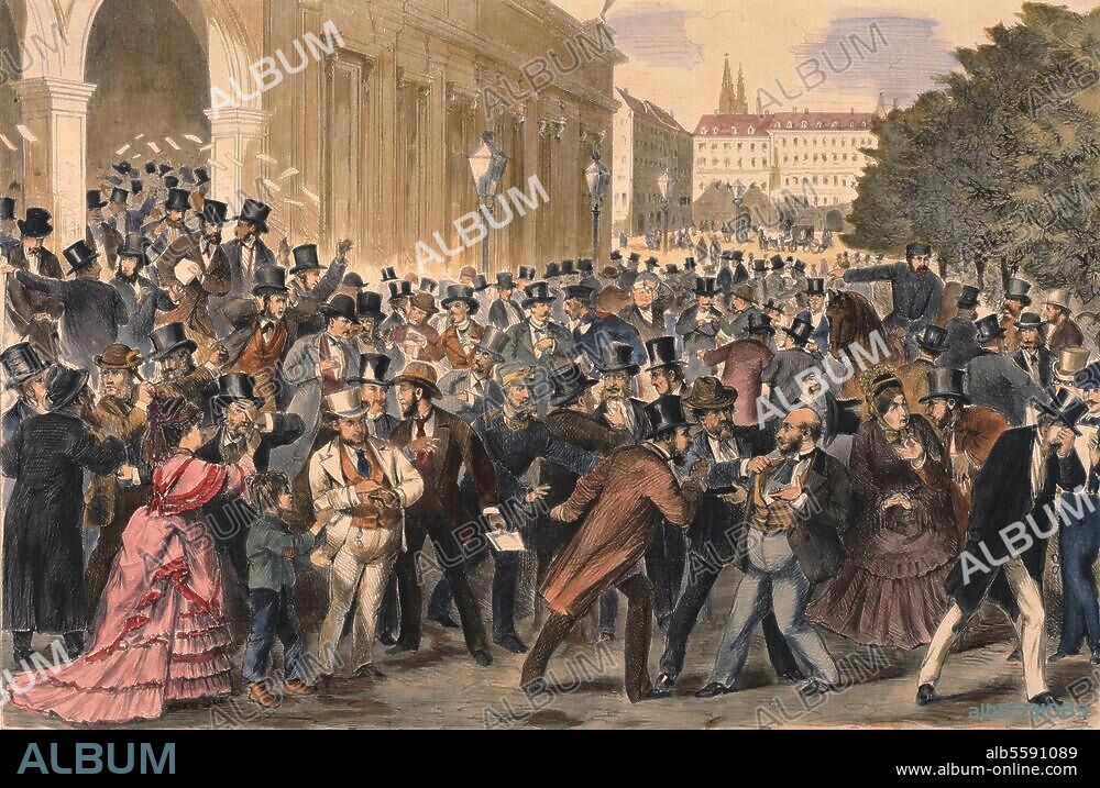 Autriche / "Grand Krach" le 9 mai 1873 (krach à la bourse de Vienne). "La catastrophe boursière de Vienne du 9 mai". Gravure sur bois d'ap. dessin de Joseph Eugen Hörwarter (né en 1854), coloration ultérieure. In : Illustrirte Zeitung, 60e vol., n° 1564, Leipzig, 21 juin 1873, p. 472. Berlin, Sammlung Archiv für Kunst und Geschichte.