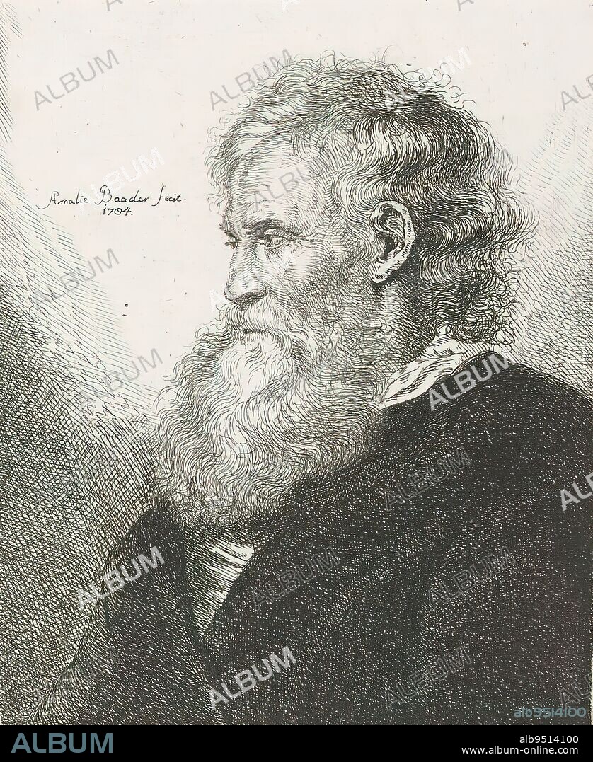 Old man with beard, print maker: Amalie Baader, (mentioned on object), after print by: Georg Friedrich Schmidt, after painting by: Rembrandt van Rijn, print maker: Germany, after print by: Berlin, after painting by: Netherlands, 1784, paper, etching, height 121 mm × width 101 mm.