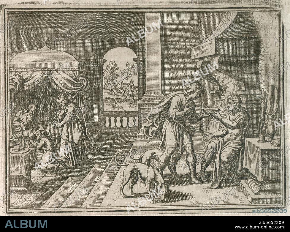 Merian, Matthäus d. Ä. 1593-1650. Jakob erkauft sich von Esau das Erstgeburtsrecht um ein Linsengericht. (1. Mose 25,27-34). Kupferstich. Aus: Johann Ludwig Gottfried, Historische Chronica, Frankfurt a. M. (M.Merian) 1630, S. 29. Berlin, Sammlung Archiv für Kunst und Geschichte.