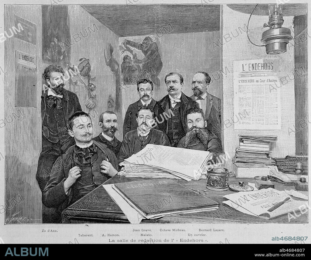 ' La salle de redaction de l'Endehors.' De gauche a droite, Zo D'AXA (1864-1930), le fondateur du journal, TABARANT, HAMON, Jean GRAVE, MALATO, Octave MIRBEAU, un ouvrier, Bernard LAZARE. Gravure par Henri THIRIAT (1843-1926) tiree de L' Illustration du 13/02/1894. Credit : Collection Kharbine-Tapabor.