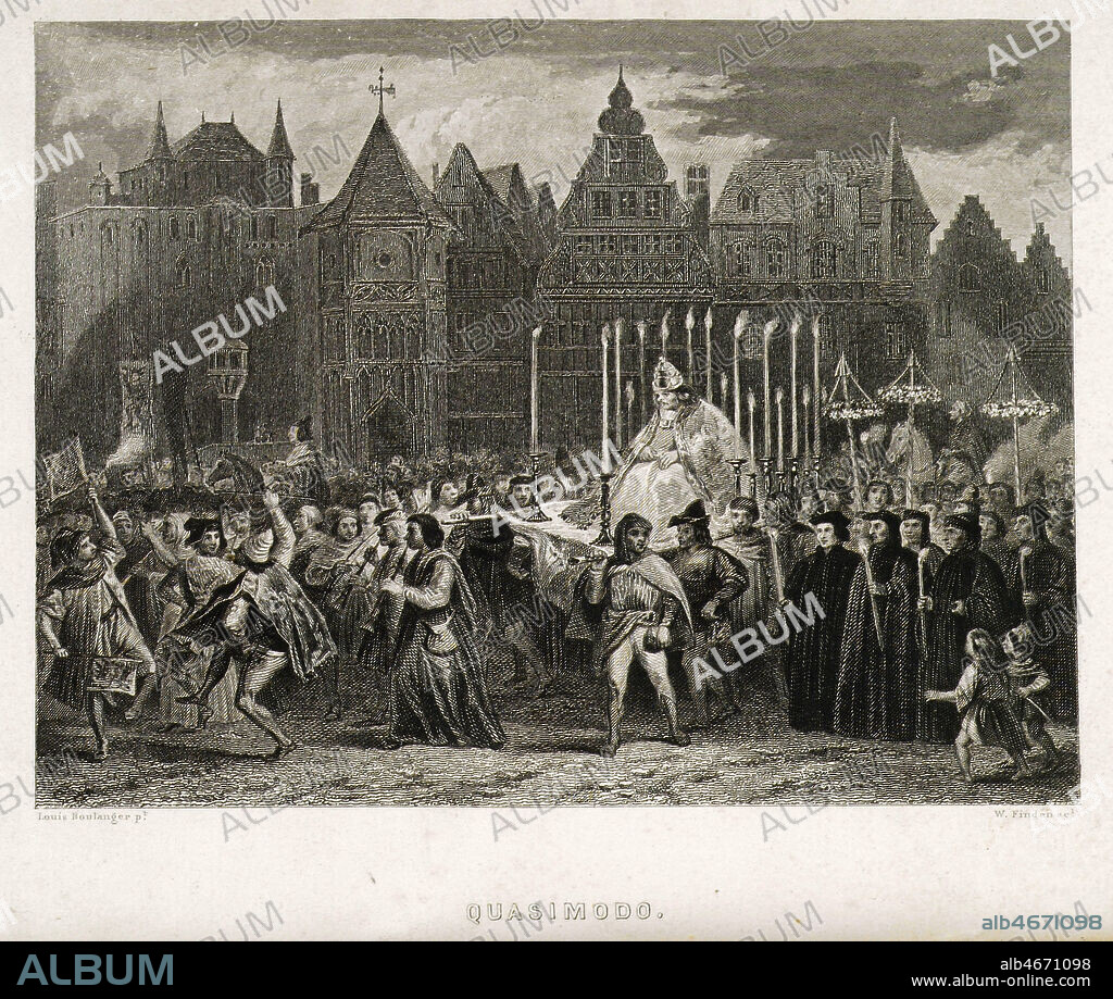 Quasimodo et la Fete des Fous. Illustration de 1836 par Louis BOULANGER (1806-1867) pour Notre Dame de Paris par Victor HUGO (1802-1885). Credit : Collection KHARBINE-TAPABOR.