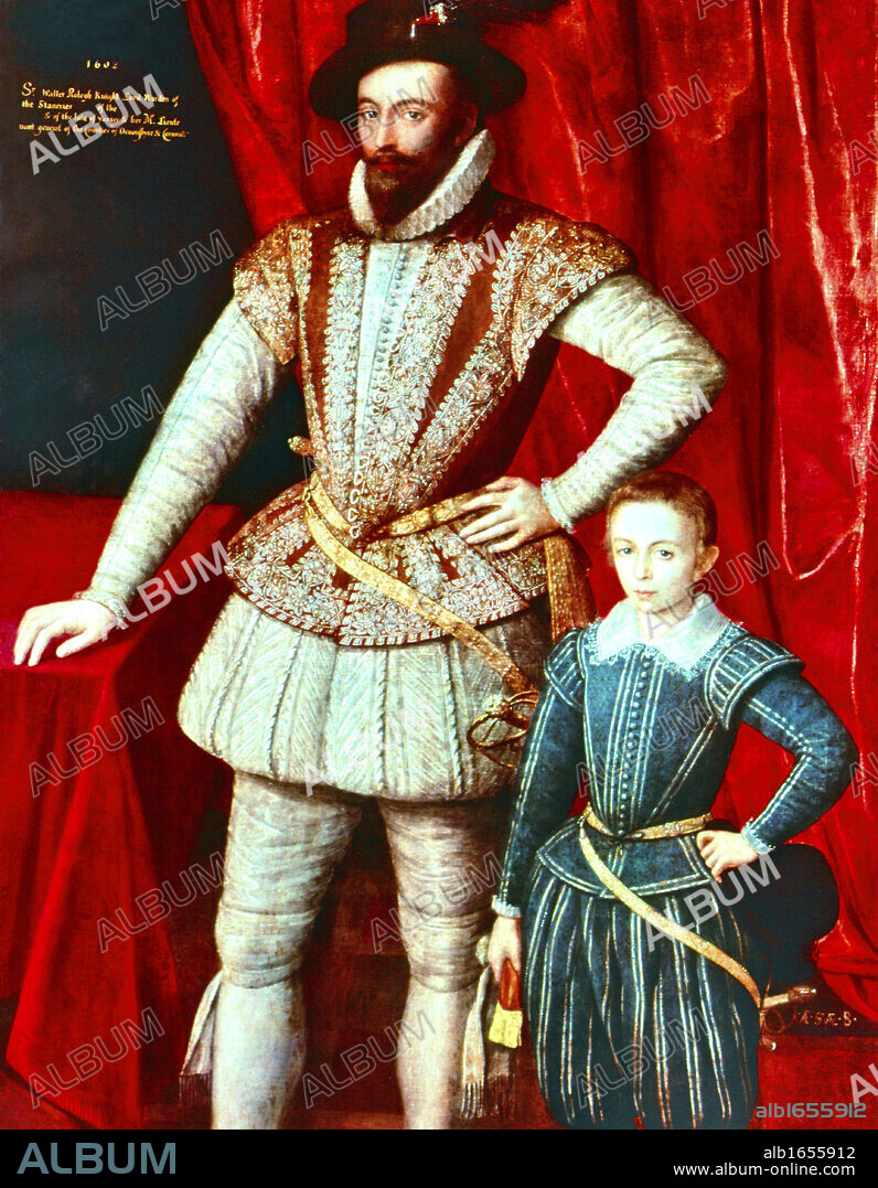 Walter Raleigh (1552-1612) English courtier and navigator. Favourite of Elizabeth I. Half-brother of Humphrey Gilbert. Said to have introduced Tobacco and Potatoes into England.   Portrait of Raleigh with his son, c1590.
