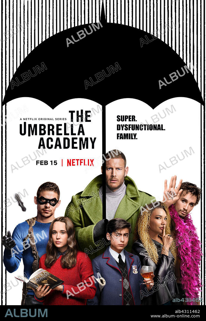 AIDAN GALLAGHER, DAVID CASTAÑEDA, ELLIOT PAGE, EMMY RAVER-LAMPMAN, ROBERT SHEEHAN und TOM HOPPER in THE UMBRELLA ACADEMY, 2019, unter der Regie von JEREMY SLATER. Copyright NETFLIX.