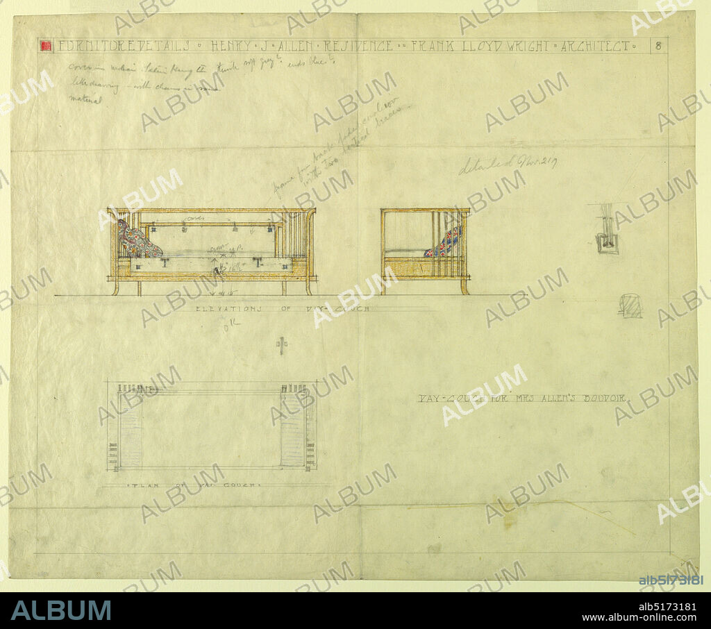 Day Couch for Mrs. Allen's Boudoir, Henry J. Allen Residence, Wichita, Kansas, Henry J. Allen, Elsie J. Nuzman (Mrs. Henry J.) Allen, Graphite, color pencil on cream tracing paper, At center of page, two colored drawings of day couch, one on the right is from the front, one on the left is of the right side. Lower right, colored drawing, there is a graphite drawing of the day couch from above., USA, 1917, furniture, Drawing, Drawing.