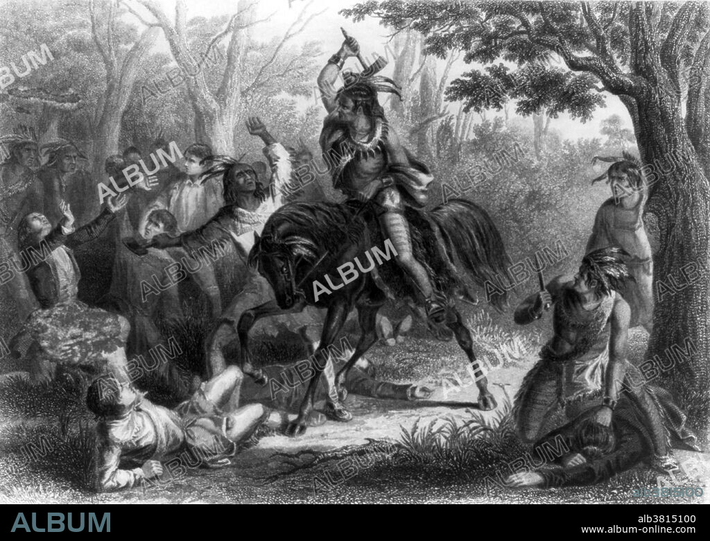 Tecumseh shielding prisoners from another Native American on horseback wielding a tomahawk during the War of 1812; another Native is about to scalp a dead soldier. Tecumseh (March 1768 - October 5, 1813) was a Native American leader of the Shawnee. He grew up in the Ohio Country during the American Revolutionary War and the Northwest Indian War, where he was constantly exposed to warfare. With a vision of establishing an independent Native American nation east of the Mississippi under British protection, Tecumseh worked to recruit additional tribes to the confederacy from the southern United States. During the War of 1812, Tecumseh's confederacy allied with the British and helped in the capture of Fort Detroit. After the U.S. Navy took control of Lake Erie in 1813, the Indians and British retreated. American forces caught them at the Battle of the Thames, and killed Tecumseh in October 1813. With his death, his confederation disintegrated, and the Indians had to move west again. Etching credited to Virtue & Company, Publishers, circa 1860.