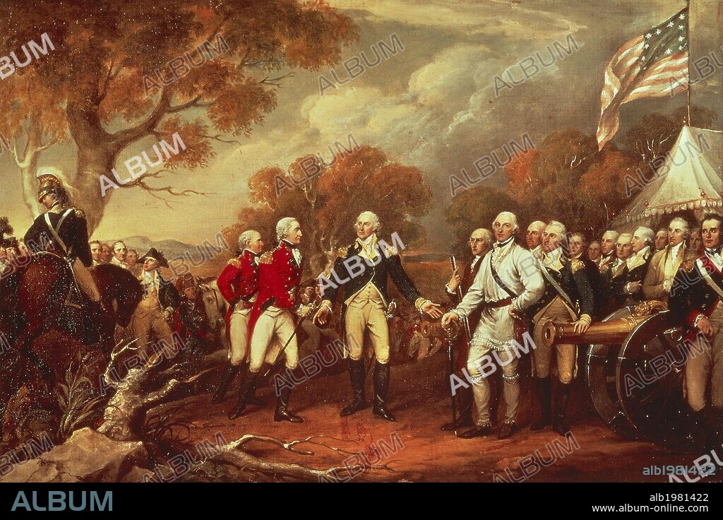 The Battle of Saratoga, the British General John Burgoyne surrendering to the American General, Horatio Gates, October 17, 1777, by John Trumbull (1756-1843), 1822, oil on canvas, 365.76 x 548.64 cm. American War of Independence, the United States, 18th century.