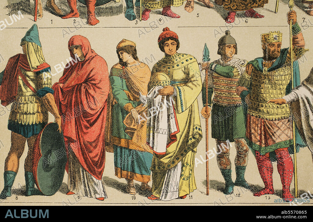 Byzantines (700-1000). From left to right, 8: Royal soldier, 9: Womanly suit, 10: Work Suit. Cap, 11: Womanly main person outfit, 12: Most modern warrior outfit and 13: Main warrior or king outfit. Chromolithography. "Historia Universal," by Cesar Cantú. Volume IV. Published in Barcelona, 1881.