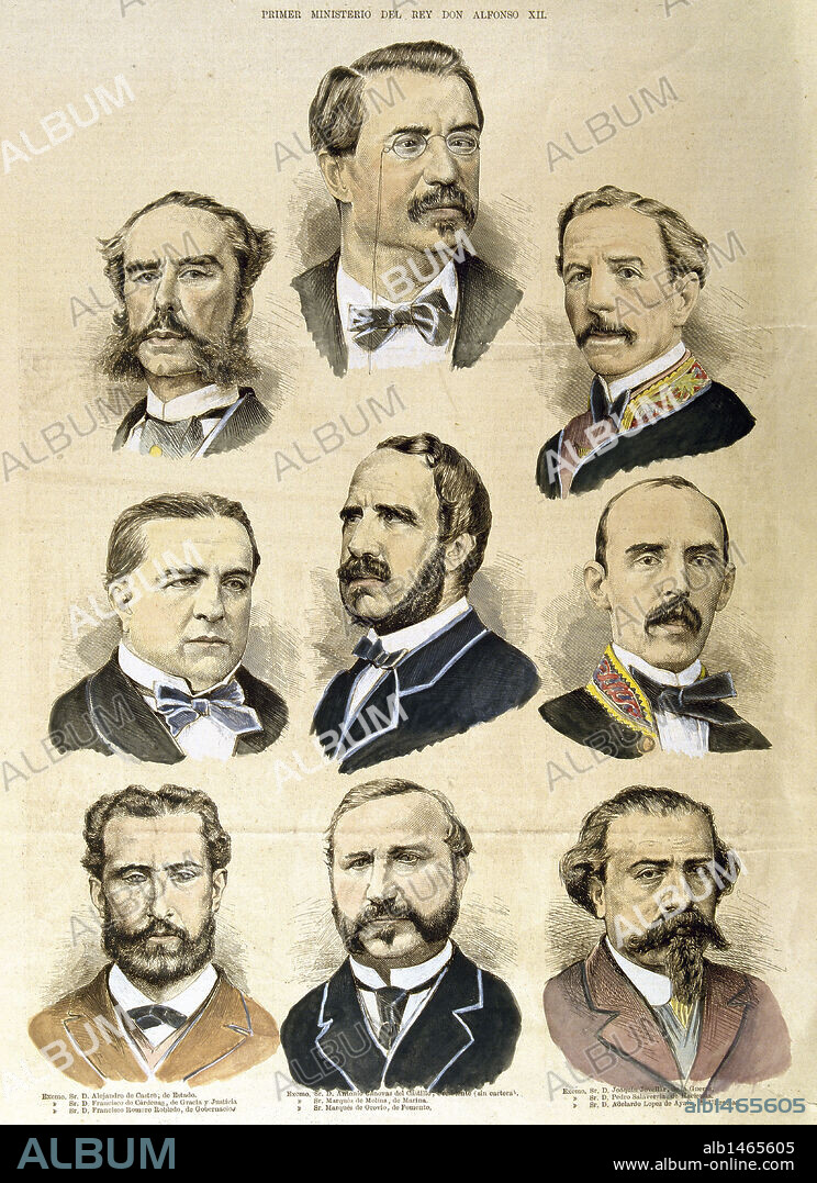 REINADO DE ALFONSO XII-LA RESTAURACION. PRIMER GOBIERNO DEL REINADO DE ALFONSO XII (1875). Presidente Antonio CANOVAS DEL CASTILLO (parte superior central). Alejandro de Castro (Estado), Francisco de Cárdenas (Justicia), Francisco Romero Robledo (Gobernación), Marqués de Moliner (Marina), Marqués de Orovio (Fomento), Joaquín Jovellar (Guerra), Pedro Salaverría (Hacienda) y Adelardo López de Ayala (Ultramar) .