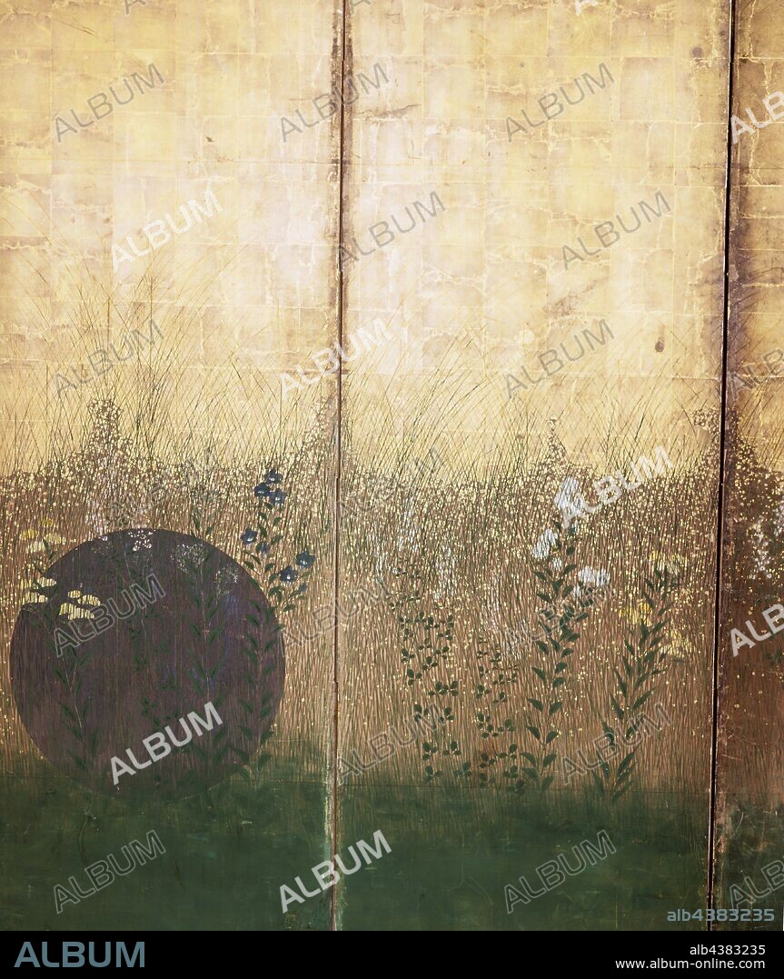 Moon in Musashi Plain, Unknown, Edo, early 1600s, color and gold on paper, 66-3/4 x 24-1/2 in. (each panel), Japanese, Asian Art.