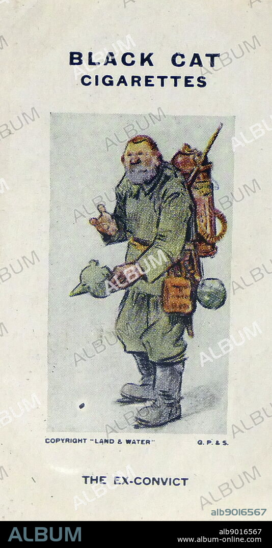 Black Cat Cigarettes, World war One, propaganda card showing: German soldier with portable flame thrower.
