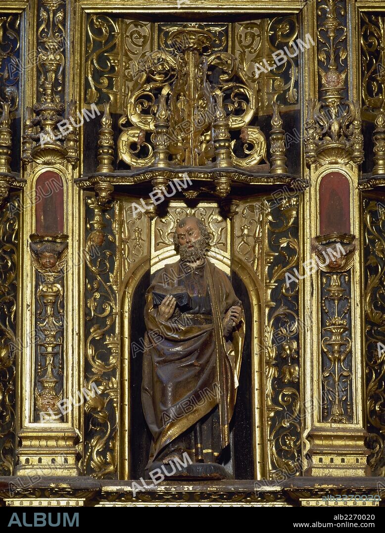 PEDRO, San (Betsaida,?-Roma,64 a 67). Apóstol principal de Jesucristo y primer Papa de la Iglesia Católica. IMAGEN DE SAN PEDRO en el retablo de la IGLESIA DE SANTIAGO, realizado por CORNELIS DE HOLANDA (siglo XVI). BETANZOS. Provincia de A Coruña. Galicia. España.