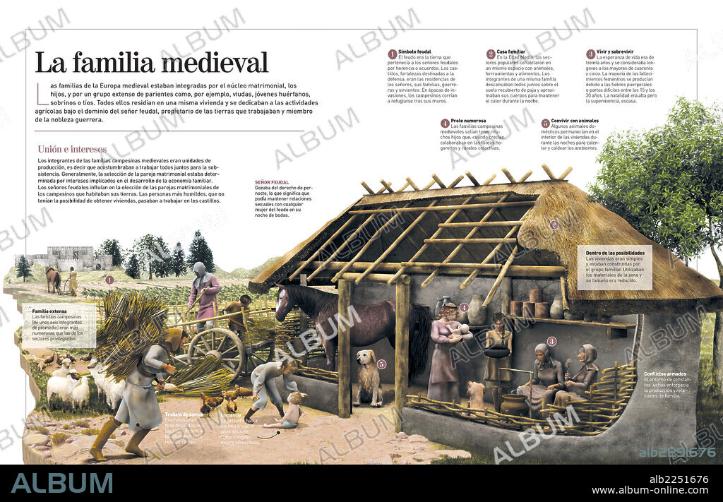 La familia medieval. Infografía que nos acerca a la vida en la Europa medieval, cuando las familias, dedicadas a la actividad agrícola, trabajaban bajo el dominio del señor feudal.