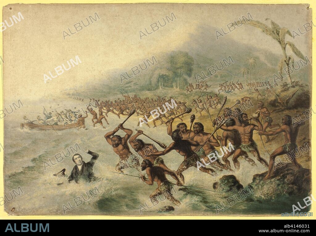 The Massacre of the Lamented Missionary, The Rev. J. Williams and Mr Harris. George Baxter; English, 1804-1867. Date: 1841. Dimensions: 225 × 328 mm (image/primary support). Steel engraving colored with wooden blocks on tan wove paper, laid down on cream board. Origin: England.