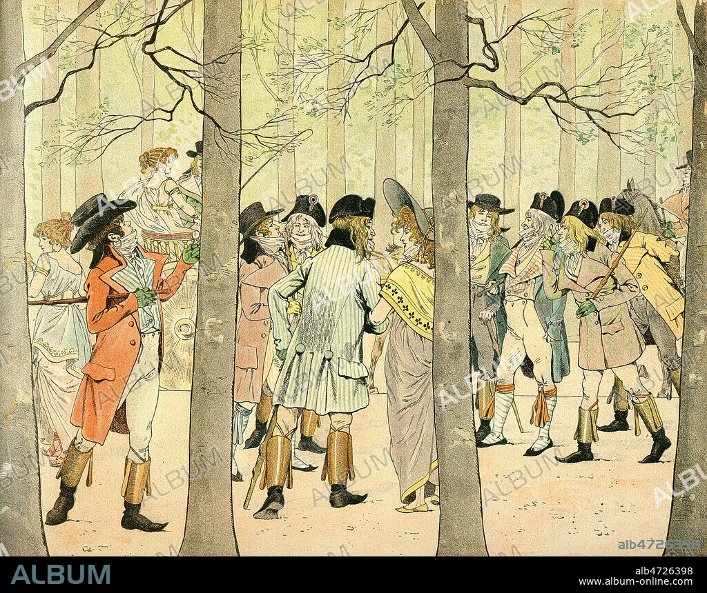 Muscadins en 1795. Illustration de 1898 par JOB (1858-1931) pour La Cantiniere (France son histoire) de Georges MONTORGUEIL (1857-1933). Credit : Coll. Jonas/KHARBINE-TAPABOR.