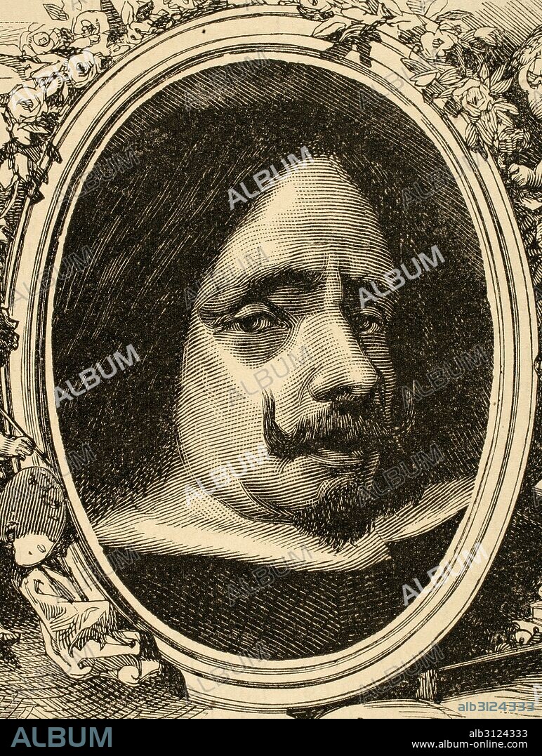 Diego Velázquez de Silva y Velázquez (1599-1660), conocido por Diego Velázquez. Pintor español del período barroco. Retrato. Grabado de Arturo Carretero (1852-1903). Almanaque de La Ilustración, año 1880.