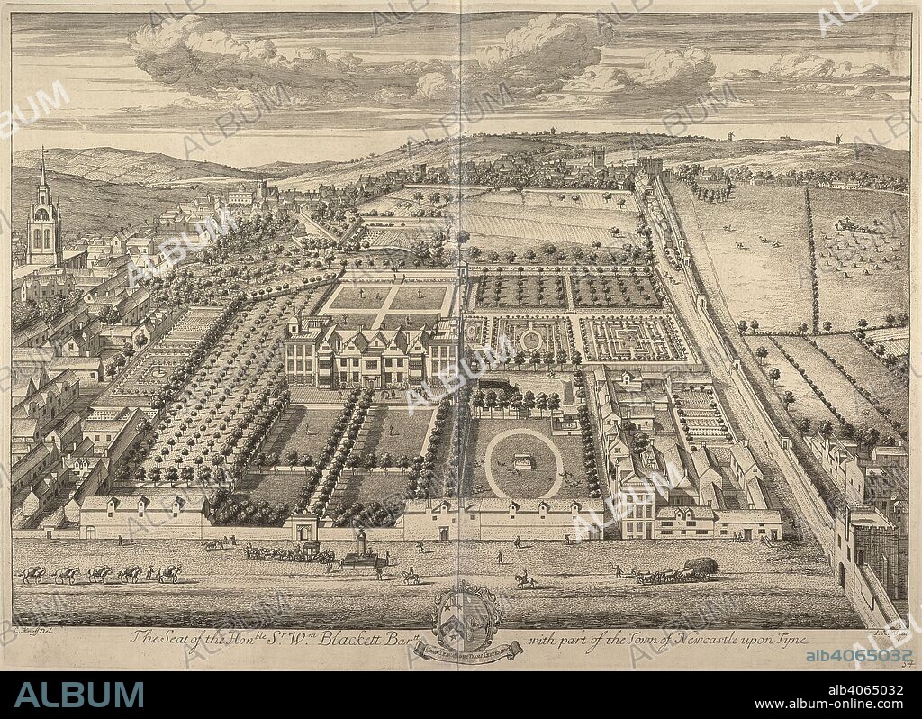 LEONARD KNYFF and JOANNES KIP. A bird's-eye view of Anderson Place, Newcastle upon Tyne; people, horses and carts in the street in the foreground; the house and formal gardens at the centre of the scene; buildings and a church to the left and in the distance. The Seat of the Honble Sr Wm Blackett Bartt with part of the Town of Newcastle upon Tyne. [London] : [David Mortier], [1720]. Source: 191.g.15,16. Language: English.