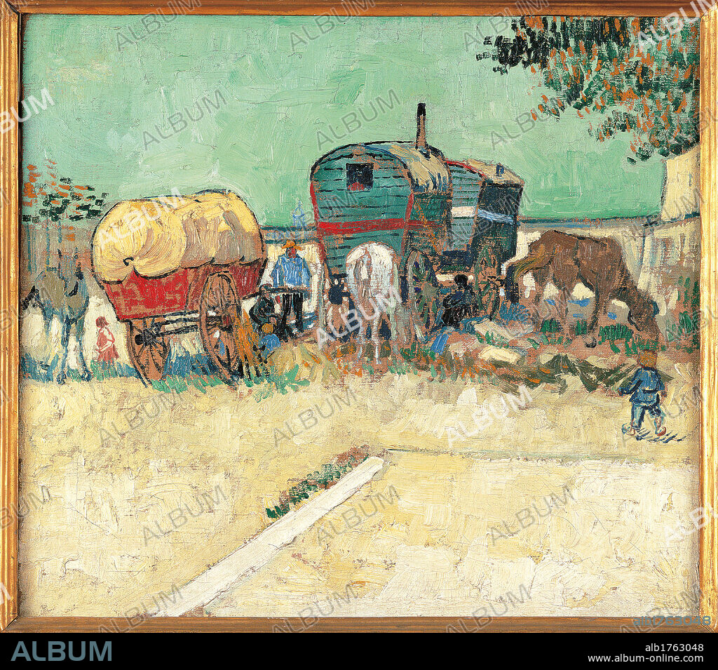 Encampment of Gypsies with Caravans, by Vincent Van Gogh, 1888, 19th Century, oil on canvas, cm 45 x 51. France, Ile de France, Paris, Muse dOrsay, RF3670. All. Encampment of gypsies with caravans animals horse courtyard yellow green wheel child.