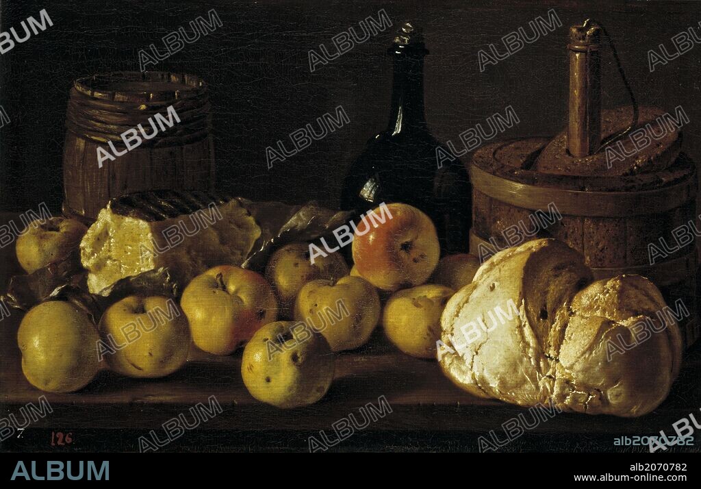 LUIS MELÉNDEZ. Luis Egidio Meléndez / 'Bodegón con manzanas, pan, queso y recipientes', Hacia 1772, Escuela Española, Óleo sobre Lienzo, 41 cm x 62 cm, P00917.