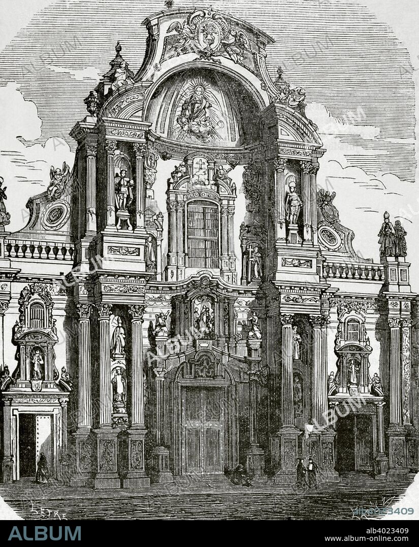 España. Murcia. Fachada principal de la Catedral, realizada entre 1737-1754 en estilo barroco. Dibujo por Letre. Grabado por Capuz. Crónica General de España, Historia Ilustrada y Descriptiva de sus Provincias. Región de Murcia, 1870. Biblioteca Histórico Militar de Barcelona, Cataluña, España.