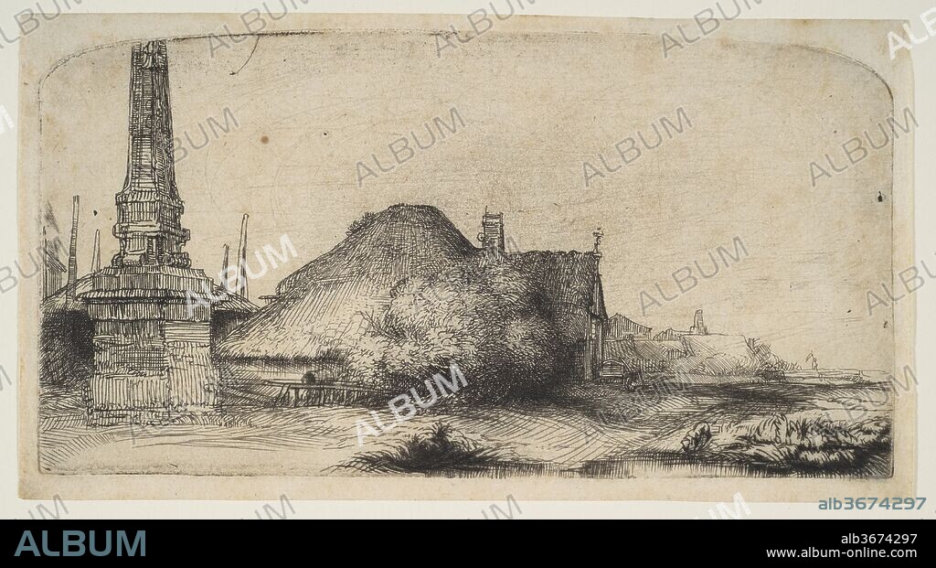 Cottage and Boundary Post on the Spaarndammerdijk ('L'Obelisque'). Artist: Rembrandt (Rembrandt van Rijn) (Dutch, Leiden 1606-1669 Amsterdam). Dimensions: plate: 3 5/16 x 6 5/16 in. (8.4 x 16.1 cm). Date: ca. 1650.