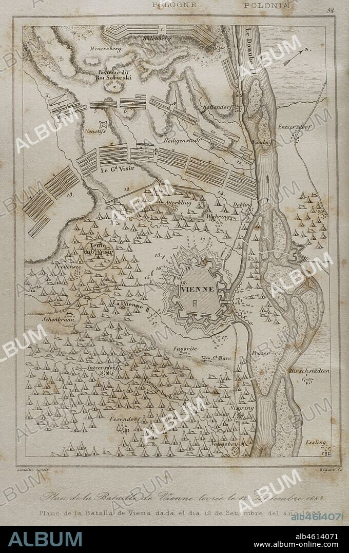 Plano de la Batalla de Kahlenberg o Segundo Asedio de Viena (12 de septiembre de 1683), tras dos meses de asedio del Imperio Otomano a la ciudad, con victoria final del Sacro Imperio Romano Germánico, la Mancomunidad de Polonia-Lituania y la Liga Santa. Grabado por Lemaitre y Bigant. Historia de Polonia, por Charles Foster. Panorama Universal, edición española de 1840.