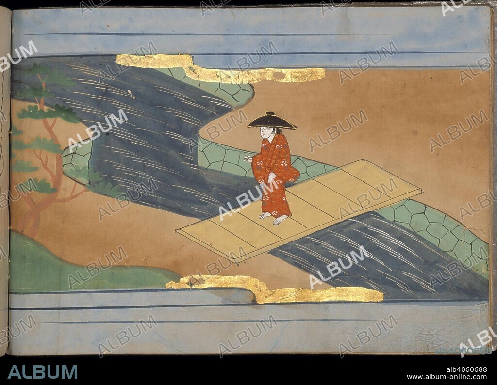 Woman crossing a bridge. Hachikazuki ('Tale of Hachikazuki'). early Edo period (1640-1680). From a manuscript telling the story of a princess forced to wear a bowl on her head and later finding fame and fortune through the divine help of the goddess Kannon.  Image taken from Hachikazuki ('Tale of Hachikazuki').  Originally published/produced in early Edo period (1640-1680). . Source: Or. 12885 volume 1, f.8v. Language: Japanese.