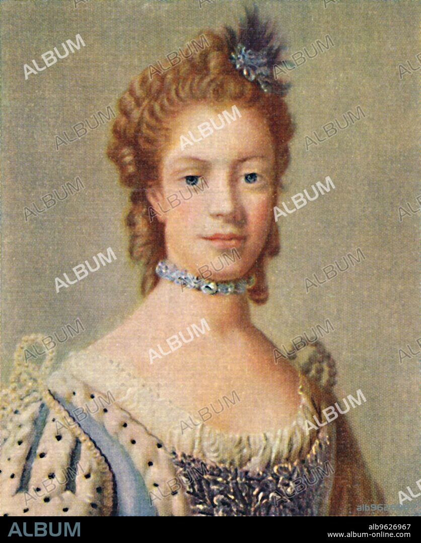 'Charlotte of Mecklenburg', 1935. Charlotte of Mecklenburg-Strelitz (1744-1818) was a British queen consort and wife of King George III. She served as Queen of Great Britain and Queen of Ireland from her wedding in 1761 until the union of the two kingdoms in 1801, after which she was Queen of the United Kingdom of Great Britain and Ireland until her death in 1818. From Kings & Queens of England - A Series of 50. [John Player & Sons, London, 1935].