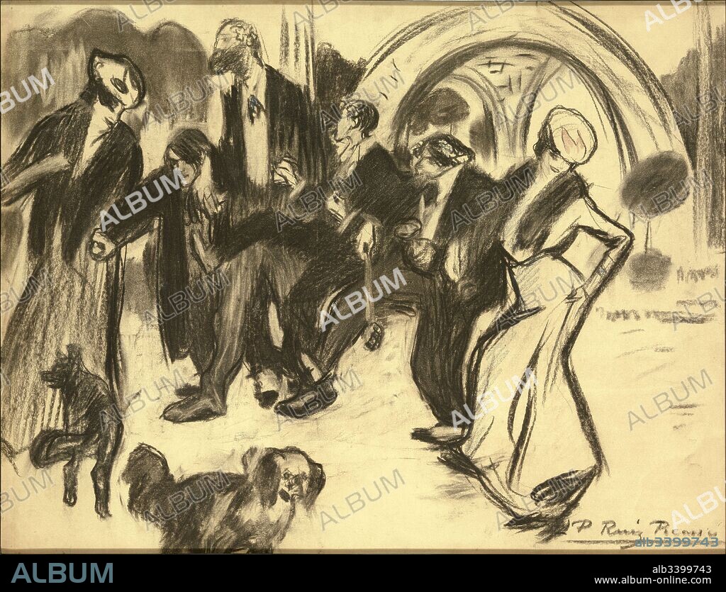 Pablo Picasso / 'Saliendo de visitar la Exposición Universal de París', 1900, Lápiz, carboncillo y lápices de color sobre papel, 47,6 x 62 cm.